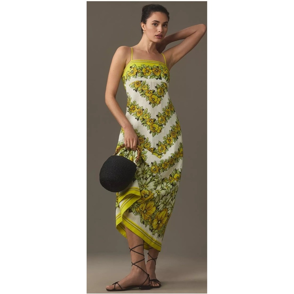 Alemais Gisela Yellow Floral Linen Midi Dress Smocked Back US 2 AU 6